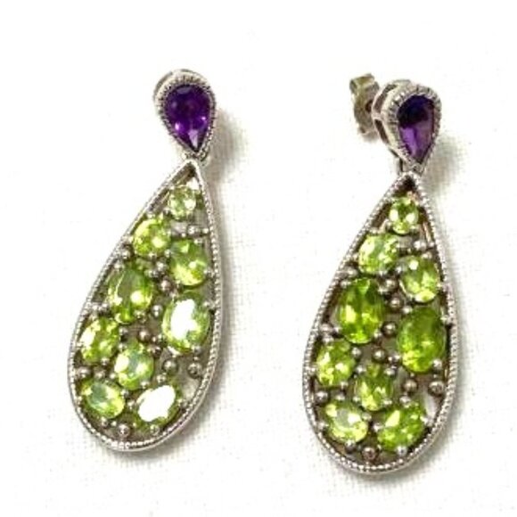 Jewelry - Peridot & Amethyst Sterling Earrings Marked SAM 925 Statement Elegant Fancy